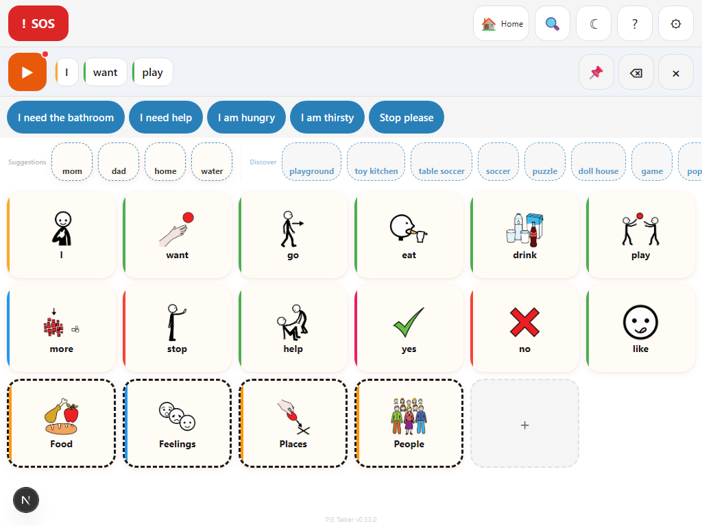Phrase strip showing 'I want play' with speak button and word suggestions