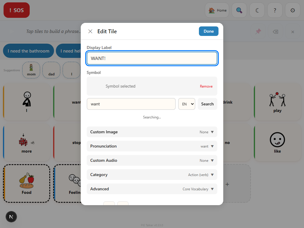 Tile editor showing display label, symbol picker, custom image, pronunciation, and audio options