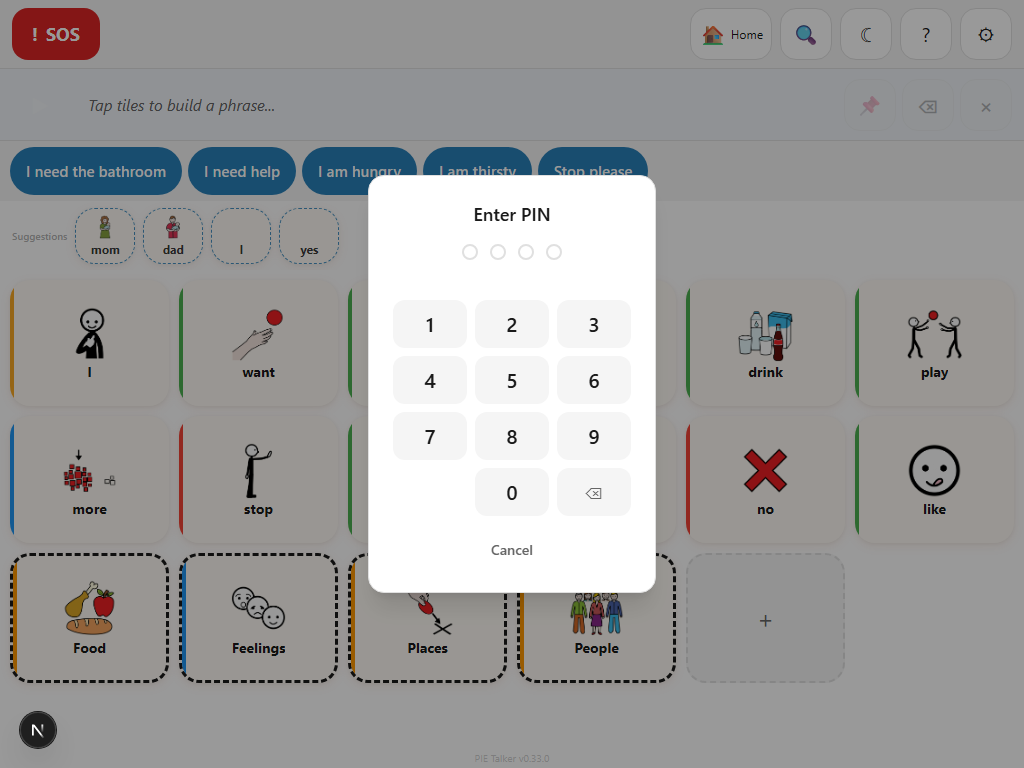 Caregiver lock settings showing three modes: No lock, Long-press to access, and 4-digit PIN with PIN entry field