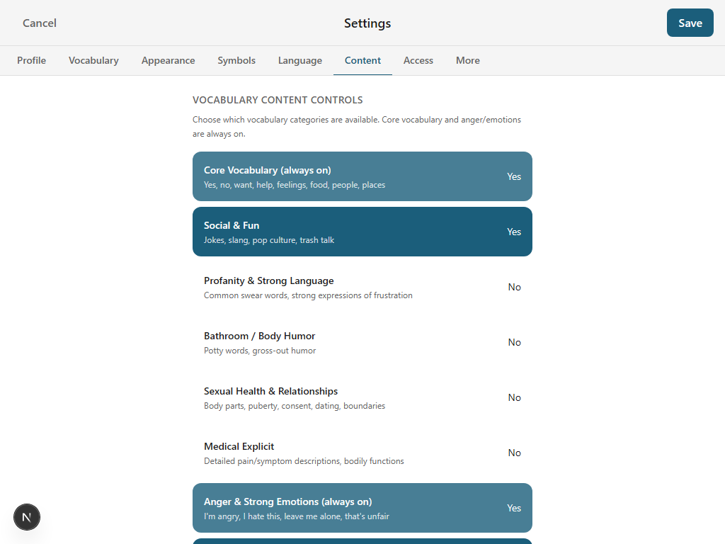 Content controls settings showing toggleable content categories with profanity, bathroom humor, sexual health, and medical explicit options