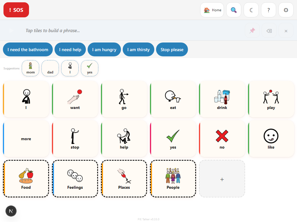 Quick phrases hot bar showing one-tap buttons for common phrases like I need help, Yes please, No thank you, and I don't know
