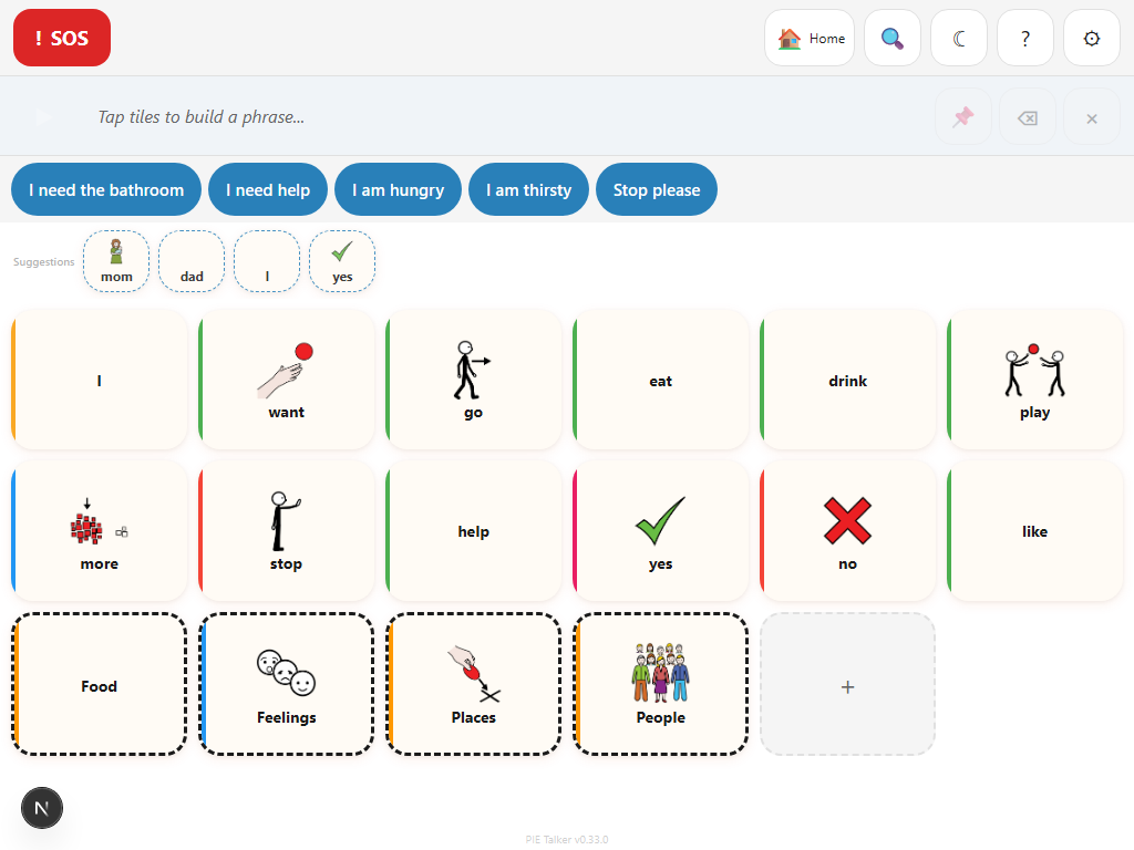 Pie Talker with switch scanning active, showing highlighted row in the communication grid