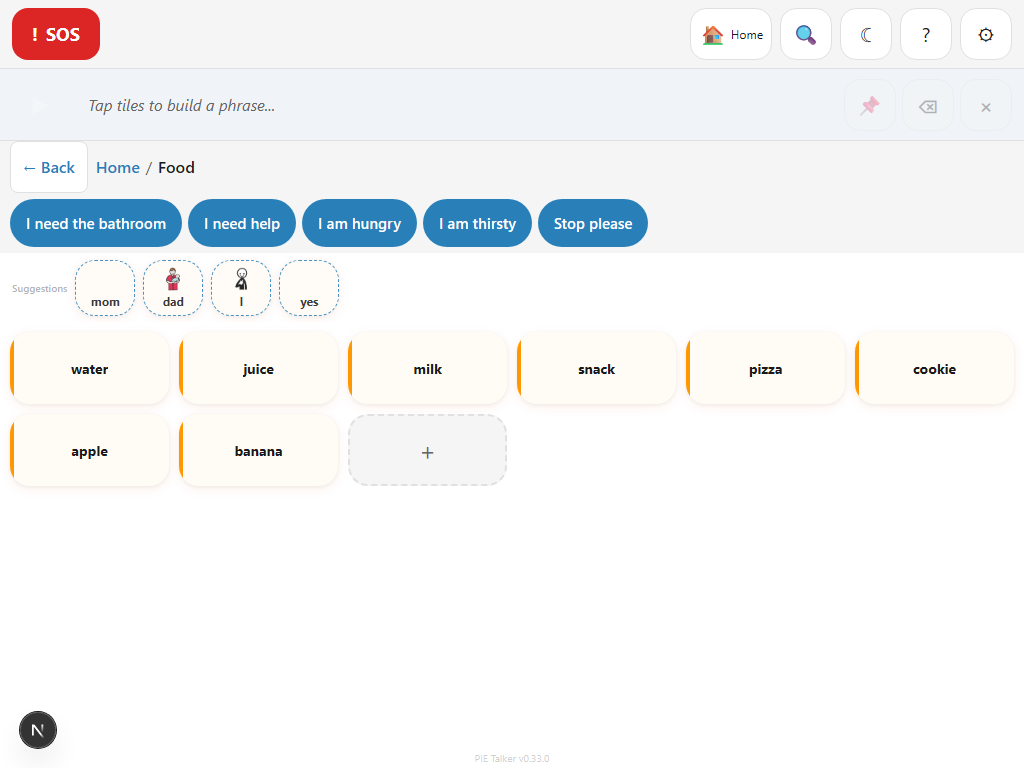 Communication grid showing the red SOS emergency tile always visible in the corner, available from any folder