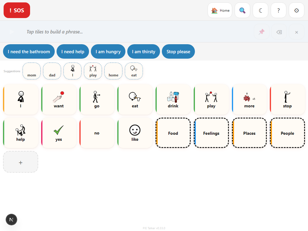 Stage 5 communication grid showing a dense layout with full vocabulary, multiple columns, and advanced prediction suggestions