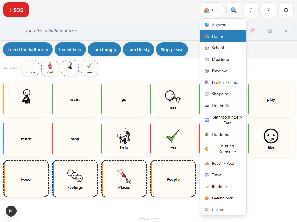 Where I Am context selector showing 16 situation options including Home, School, Mealtime, Doctor, and Custom