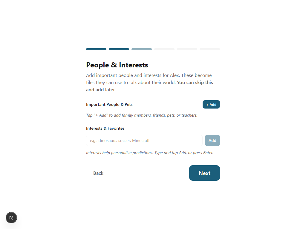 Setup wizard About step showing fields for family members with roles, pets, and interests