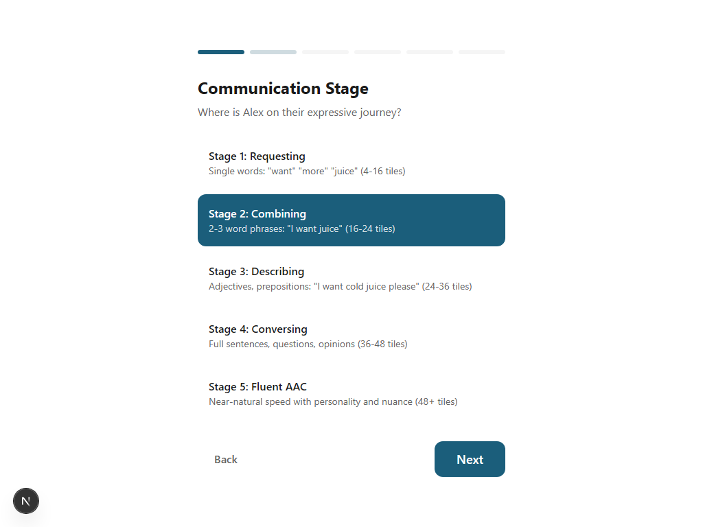 Setup wizard communication stage selection showing five stages from Beginning Communicator to Fluent AAC User